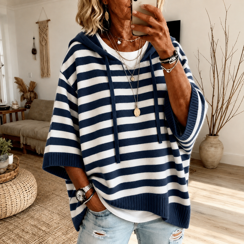 Navy Striped Poncho Sweater for Women