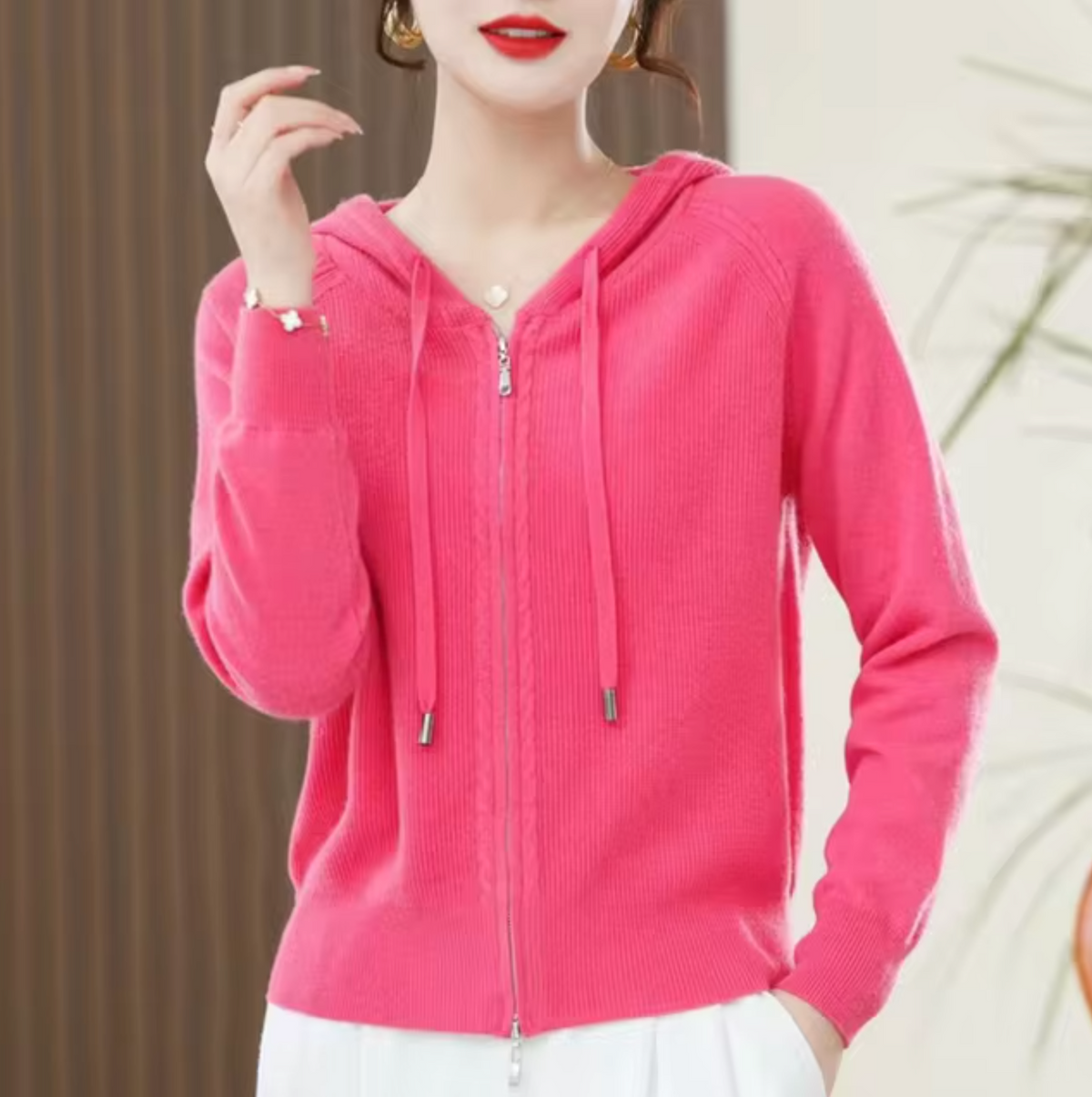 Knit Hood Zip Hoodie for Women