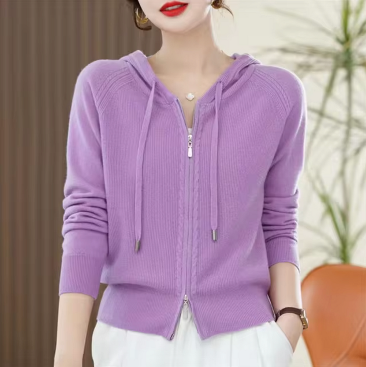 Knit Hood Zip Hoodie for Women
