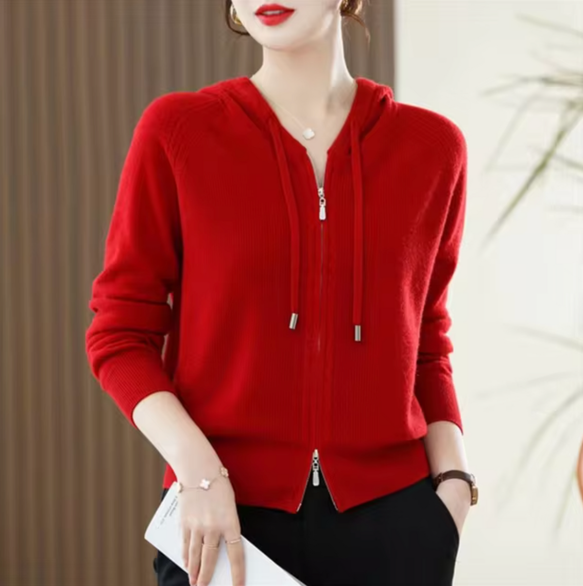 Knit Hood Zip Hoodie for Women