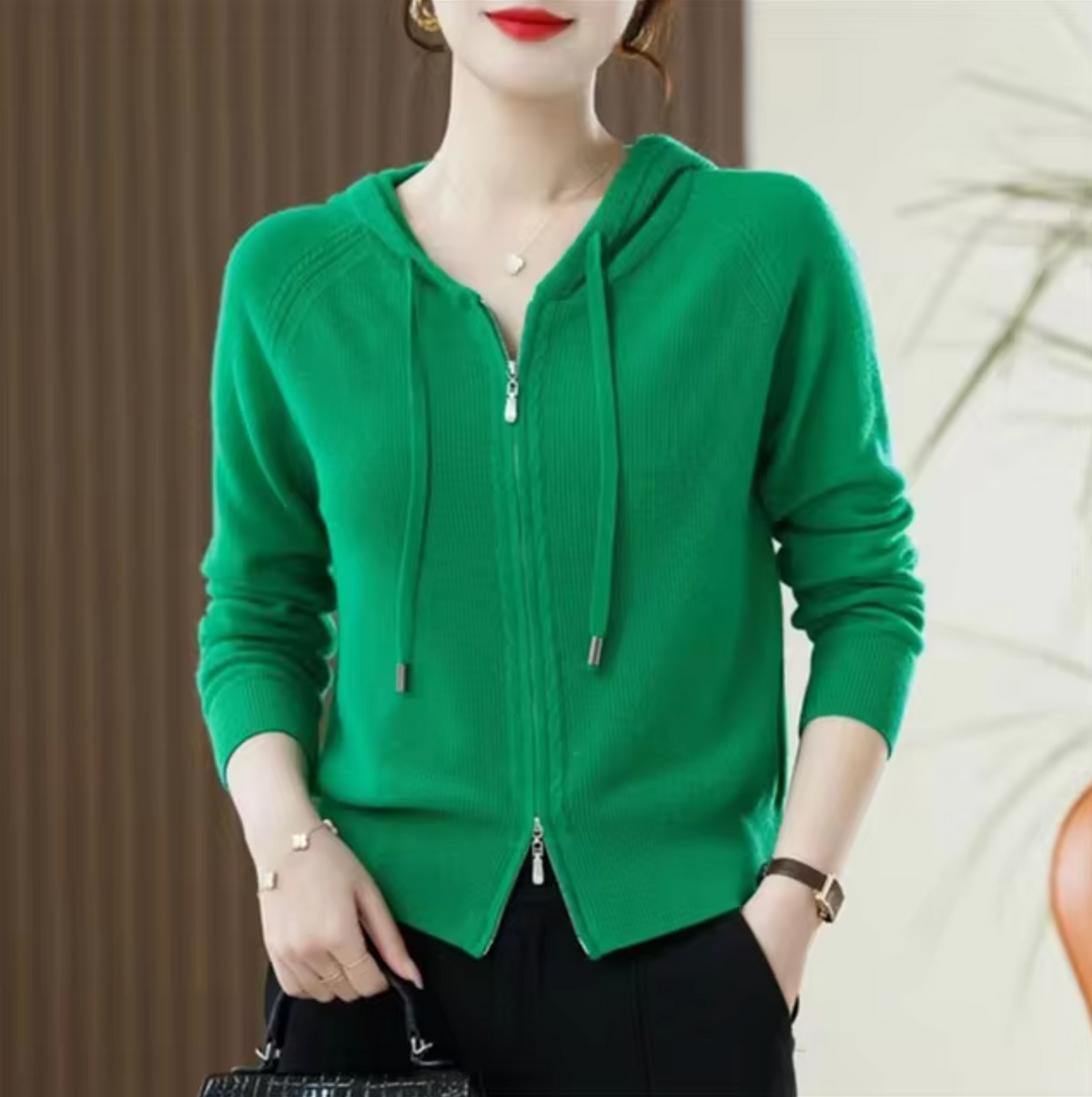 Knit Hood Zip Hoodie for Women