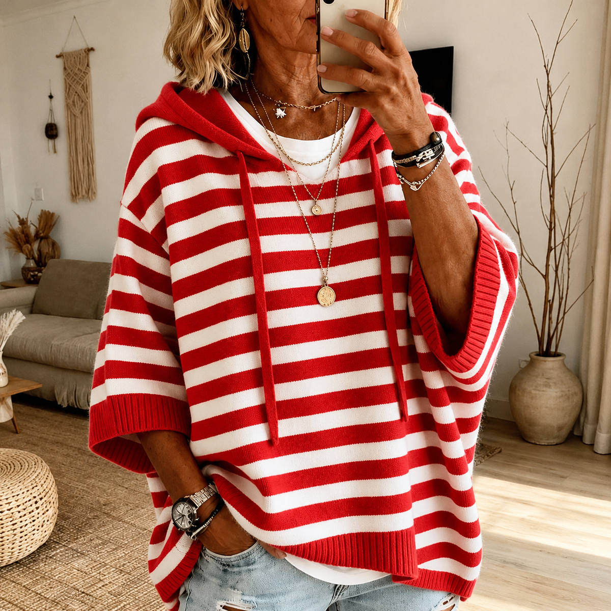 Red Striped Poncho Sweater for Women