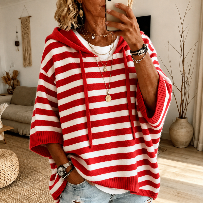 Red Striped Poncho Sweater for Women