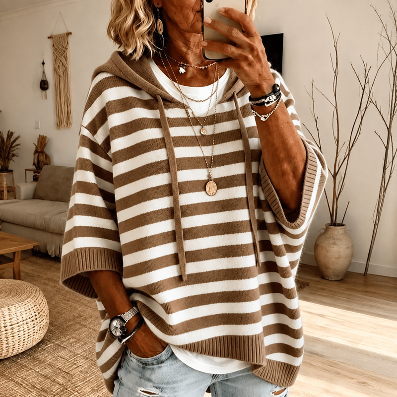 Taupe Striped Poncho Sweater for Women