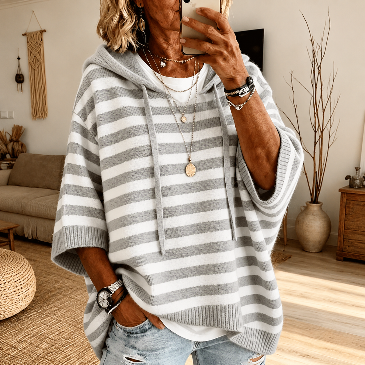 Gray Striped Poncho Sweater for Women