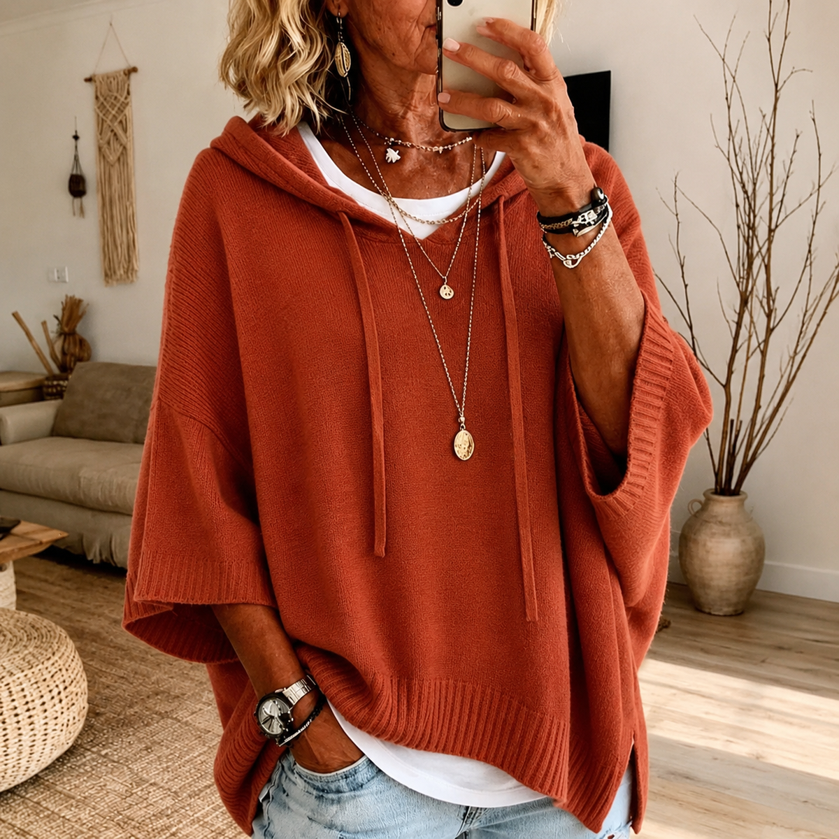 Terracotta Poncho Sweater for Women