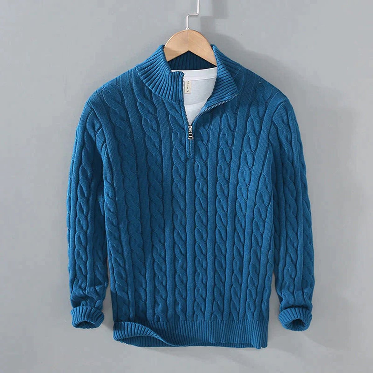 Cotton Blend Half Zip Cable Sweater for Men