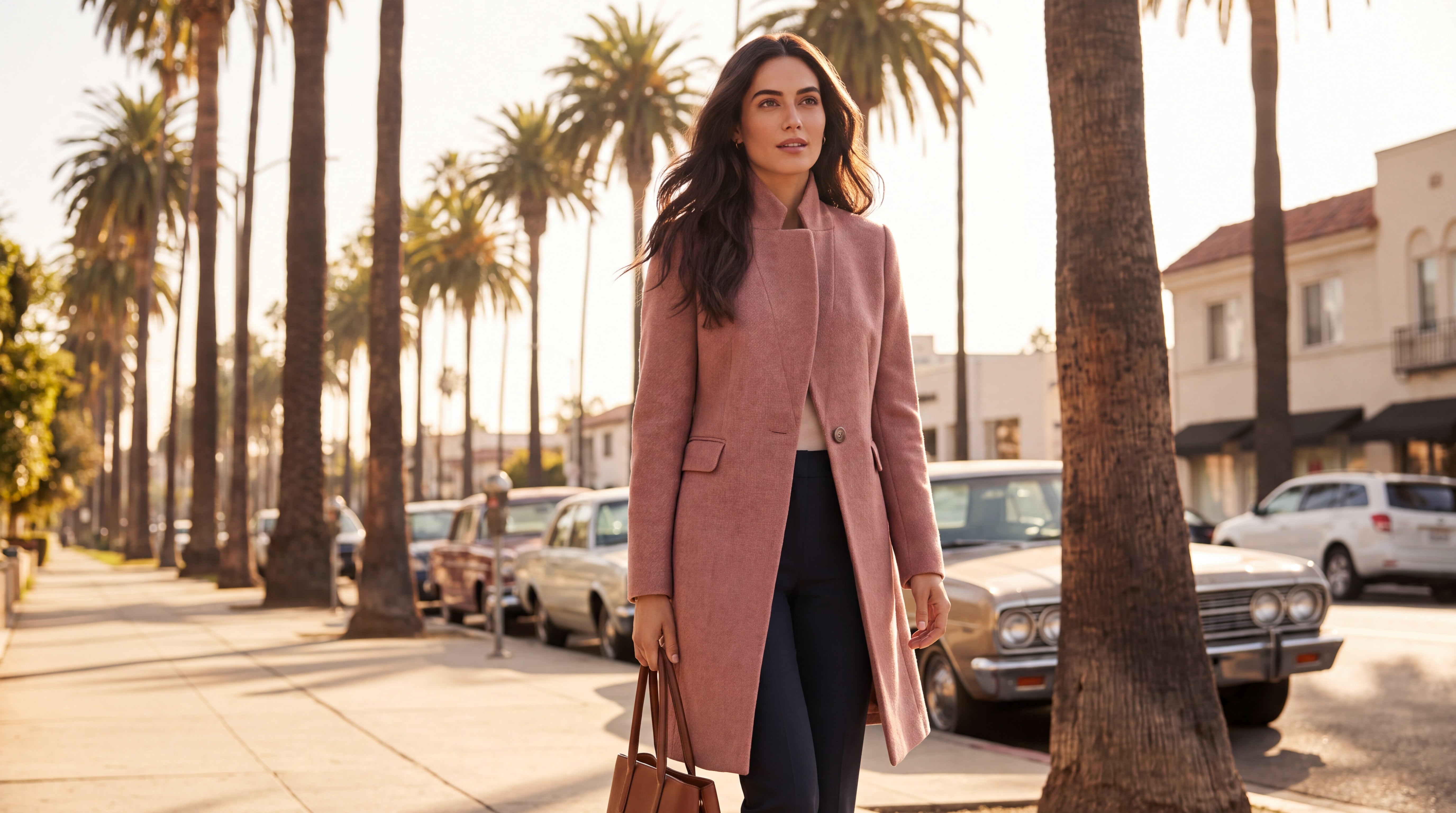 A woman in a camel wool coat walking on a New York City street on an autumn afternoon